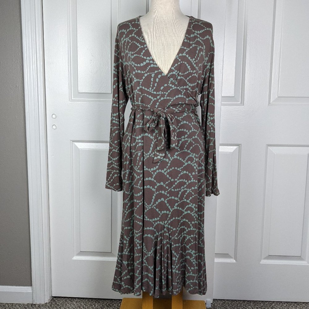Boden Long Sleeve Wrap Jersey Adjustable Tie Printed Dress Brown Green 16R
